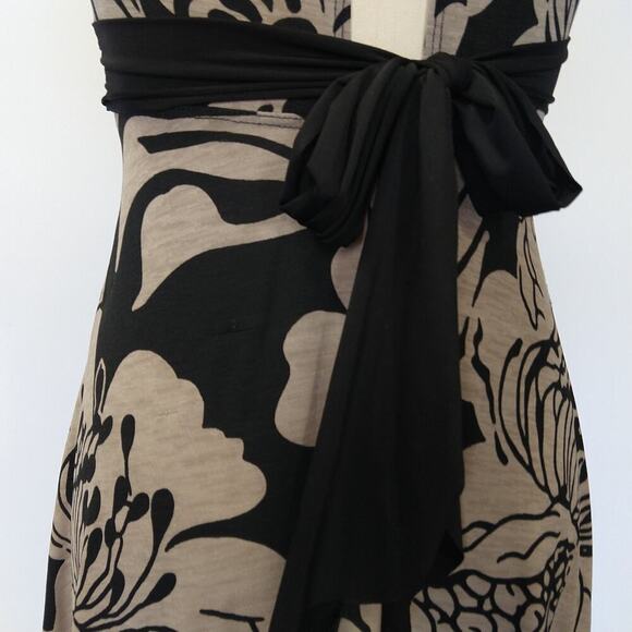Vintage Y2K Fairy Midi Dress Size S Black Tan Floral V Neck Asymmetric Hem - Picture 7 of 11